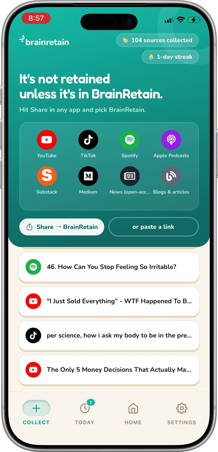BrainRetain home screen: 104 sources collected, with the library of saved videos, podcasts and articles below