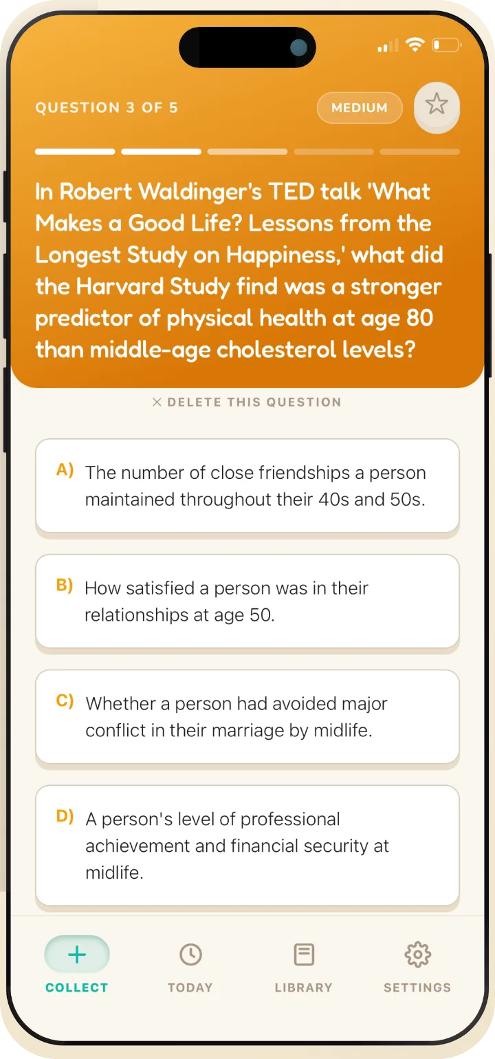 BrainRetain quiz screen: a multiple-choice question with four answers