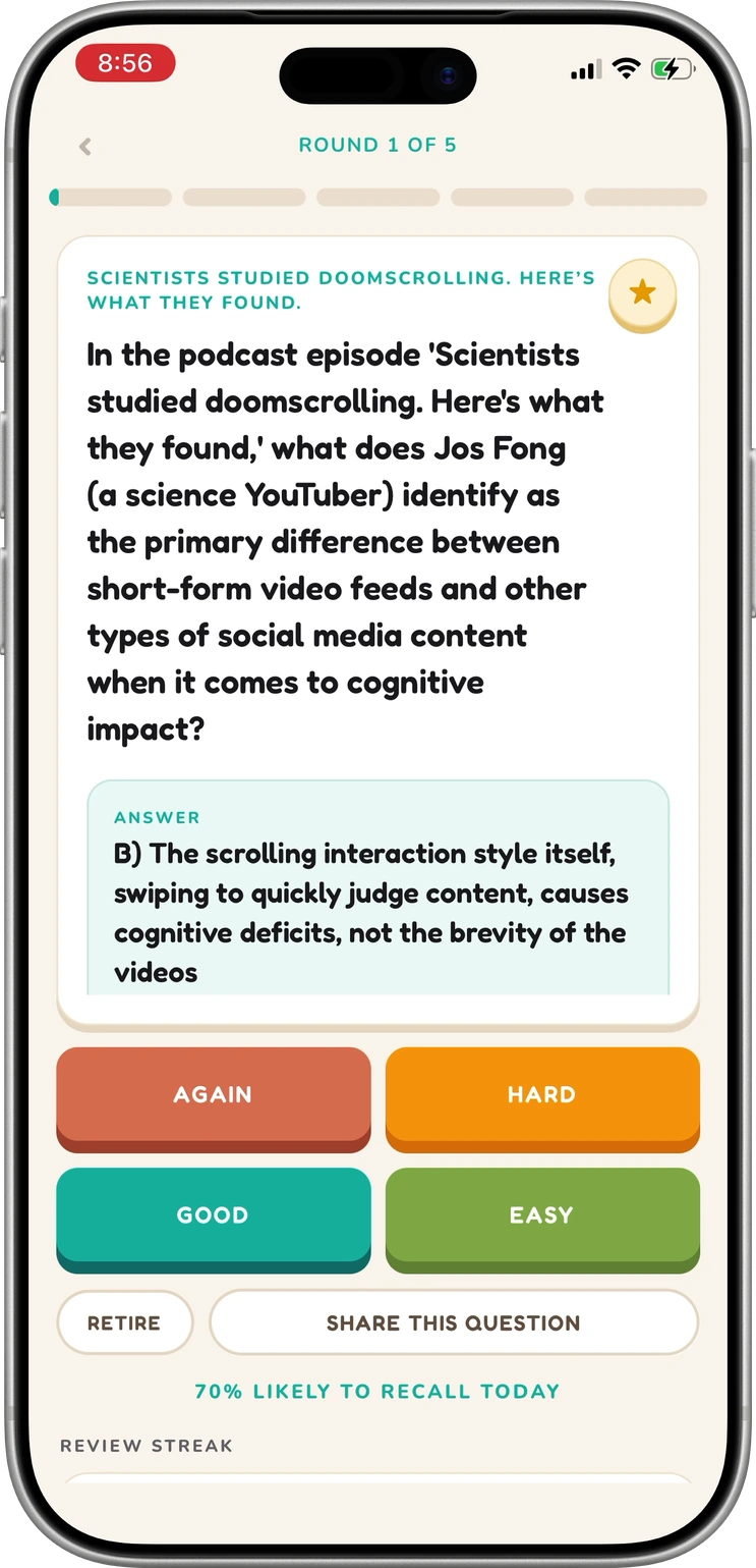 BrainRetain answer screen with Again, Hard, Good and Easy rating buttons