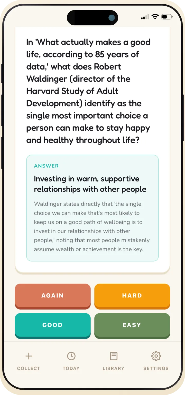 BrainRetain answer screen with Again, Hard, Good and Easy rating buttons