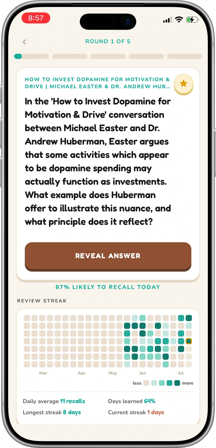 BrainRetain review screen: a question with Reveal Answer, 87% likely to recall today, and the review-streak grid below