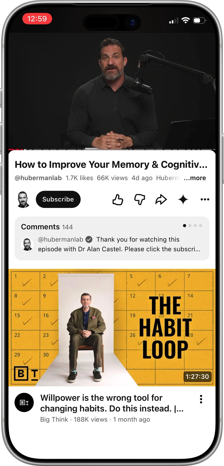 A YouTube video open on a phone, ready to share into BrainRetain